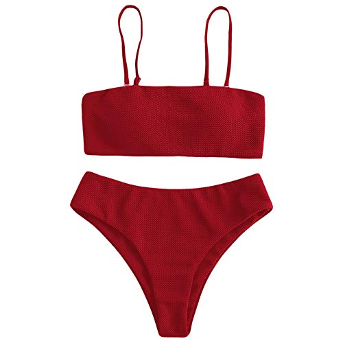 ZAFUL Damen Bikini Set, Texture Bandeau Bikini Set mit Gepolsterter High Cut Sexy Badeanzug (Rot-S)