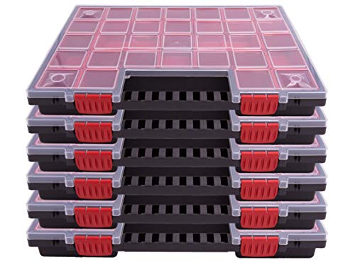 6er SET Sortimentskasten Kleinteilemagazin Sortierbox groß mit Deckel Sortierkasten Sortierkoffer Werkzeugbox Sortimentskoffer Sortimentsbox Organisationsbox Kasten mit herausnehmbaren roten Fächern