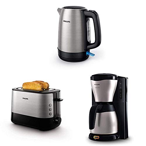 Philips HD9350/90 Wasserkocher (2200 Watt, 1.7 Liter) [Energieklasse A+++] + HD2637/90 Toaster (7 Stufen, Brötchenaufsatz, Stopp-Taste, 1000 W) + HD7546/20 Gaia Filter-Kaffeemaschine mit Thermo-Kanne