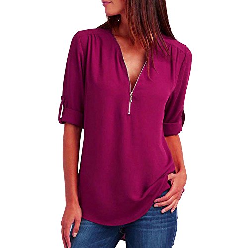 Damen T-Shirt Mittellange Oberteile Reißverschluss V-Ausschnitt Einfarbige Bluse für Damen