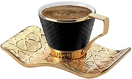 DEMMEX Atemberaubende türkische Espresso-Kaffeetassen mit Metallhaltern und Untertassen-Set für 6 Stück, 74 ml (Schwarz - Gold)