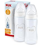 NUK First Choice+ Twin Set mit Temperature Control | kiefergerechter Trinksauger | 2x 300ml Flaschen | BPA-frei | 0-6 Monate | Herzmotiv (weiß)
