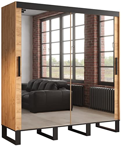 Kryspol Schwebetürenschrank LOFT T3 Kleiderschrank mit Metallbeinen und Einlegeboden Schlafzimmer- Wohnzimmerschrank Schiebetüren im Industrie-Stil (200)
