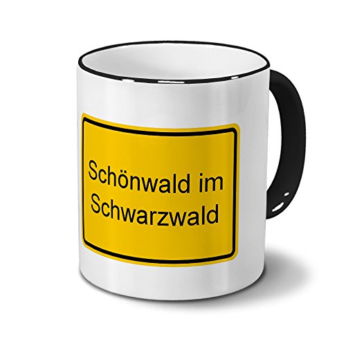 Städtetasse Schönwald im Schwarzwald - Design Ortsschild, Stadt-Tasse, City-Mug, Kaffeetasse - Becher Schwarz