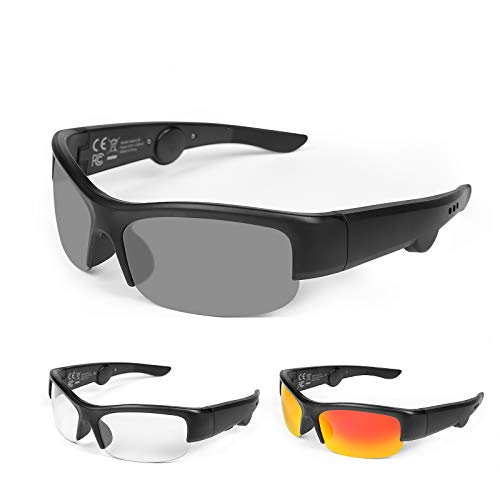 TJ Half-frames Bluetooth Audio Sonnenbrille mit offenem Ohr Kopfhörer intelligente Sonnenbrille für Männer Frauen Fahrradbrille UV400 Leichtgewicht beim Radfahren (size M:142mm, 3 Farblinsen/3 Linsen)