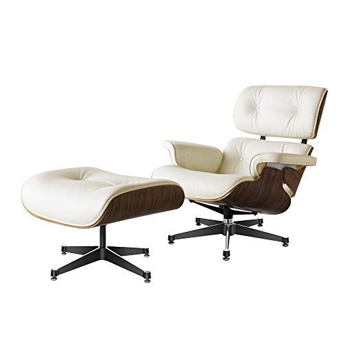 WALTSOM Lehnstuhl aus Leder mit Ottoman, Mid Century Lounge-Sessel mit echtem Leder und robuster Aluminium-Basis, moderne Chaise für Schlafzimmer, Wohnzimmer, Lounge, Büro (Walnuss + Creme)