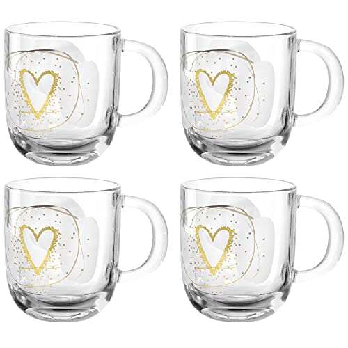 Leonardo Emozione Geschenk-Tassen Love 4er Set, spülmaschinengeeignete Glas-Tassen, Tee-Tasse mit goldenem Herz Motiv, mikrowellenfest, 400 ml 033235