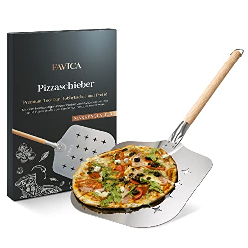 FAVICA® Pizzaschieber – Einzigartig perforierte, große Schaufel aus rostfreiem Edelstahl – Pizzaschaufel mit langem abnehmbarem Griff aus edlem Holz