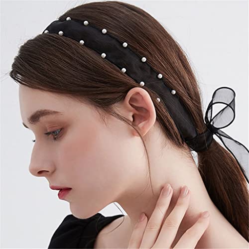 JSJJQAZ Perle Stirnband Schwarzes Band Ribbon Krawatte Haare Seidenschal dünne Haar Binde Haarkopfschmuck (Farbe : Black, Größe : A)