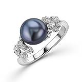 OROVI Damen Ring | 925 Sterling Silber | mit schwarzer Süßwasser-Zuchtperle von 8mm und 22 Zirkonias | hautfreundlicher Perlen Verlobungsring Silber | nachhaltiger, handgemachter Damen Schmuck