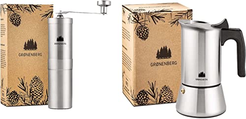 Groenenberg Spar-Pack 10 | Kaffeemühle manuell + Espressokocher 1-2 Tassen Edelstahl | Handkaffeemühle | Espressokanne