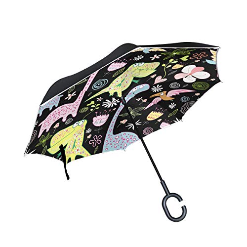 MNSRUU Umkehrbare Regenschirme, Dinosaurier-Muster, doppellagig, faltbar, Winddicht, UV-Schutz, Winddicht, Reise-Regenschirm für Damen und Herren