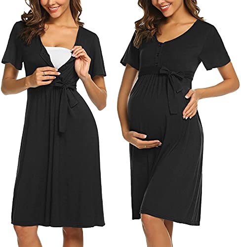 ADOME Frauen Pflege/Geburt/Krankenhaus Nachthemd Kurzarm Nachthemd Umstandsnachthemd mit Knopf Stillnachthemd für Schwangere und Stillzeit, B-schwarz, M