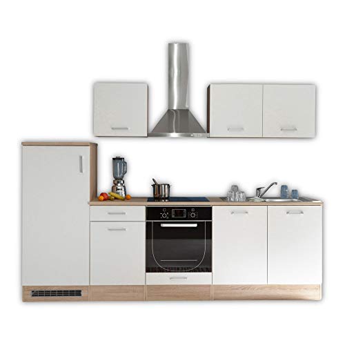 Stella Trading ANDY Moderne Küchenzeile ohne Elektrogeräte Eiche Sonoma Optik, Weiß matt - Geräumige Einbauküche mit viel Stauraum - 270 x 195 x 60 cm (B/H/T)