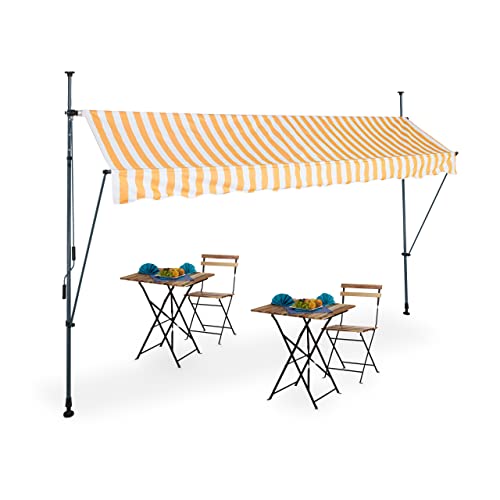 Relaxdays Klemmmarkise, 350 cm breit, höhenverstellbar, ohne Bohren, UV-beständig, Sonnenschutz für Balkon, weiß-orange, 350 x 120 cm