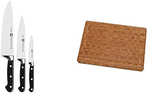 Zwilling Professional 'S' Messer Set 3tlg schwarz mit passendem Zwilling Schneidebrett aus Bambus