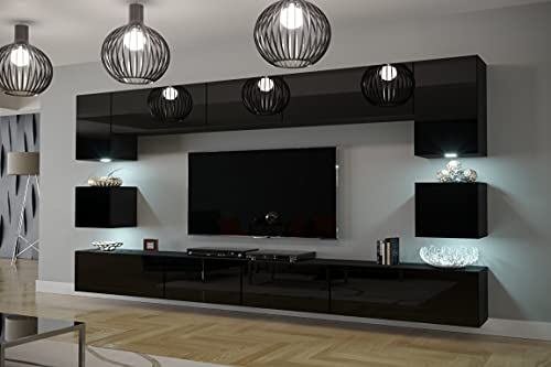 Furnitech Modernes TV Möbel mit LED Beleuchtung Schrank Wohnschrank Wohnzimmer Schrankwand Wohnwand Mediawand Nowara 1C (AN1-17B-HG20 1C, LED RGB (16 Farben))