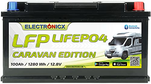 Electronicx LiFePO4 Batterie Caravan Edition 100Ah 12V Versorgungsbatterie 1280Wh mit Bluetooth-Funktion Lithium-Eisenphosphat Akku inklusive App BMS
