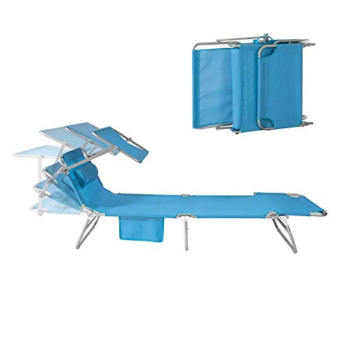 SoBuy OGS48-B Sonnenliege mit abnehmbarem Kopfkissen und verstellbarem Sonnendach Gartenliege mit Seitentasche Strandliege Relaxstuhl Liegestuhl klappbar Blau bis 150 kg belastbar
