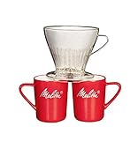 Melitta Kaffee-Set, Kaffeehalter für Filtertüten und Porzellan-Tassen (2 Stück), Kaffeefilter 1x4 Premium, Kunststoff und Porzellan, Transparent und Rot, 217953