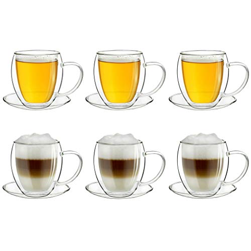 Creano 6 doppelwandige 250 ml Glas-Thermotassen mit Untersetzer, Glas-Teetasse/Kaffeetasse mit Schwebeeffekt, Glastasse mit Henkel und Untersetzer im Geschenkkarton - 6er Set