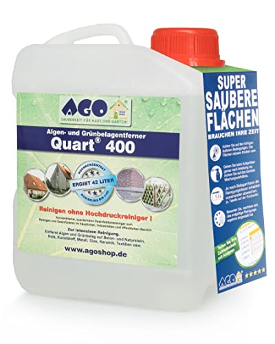 AGO® Quart 400 Grünbelag Entferner I Chlorfrei & Säurefrei I 2L Flechten & Algen Entferner Reiniger-Konzentrat für 400qm