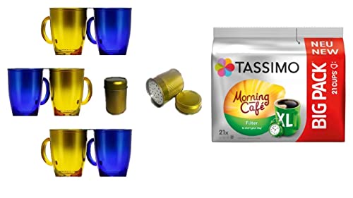 Tassimo Tassimo Morning Café XL MORNING CAFÉ FILTER XL , 21 Kaffee Kapseln im Big Pack, 163.8 g plus 6 Gläser mit Henkel metallic 380ml