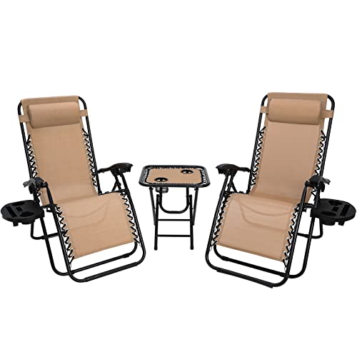 3-teiliges Sonnenliege set, klappbar Liegestuhl mit verstellbarem Kopfpolster & Rückenlehne, Relaxliege für Mittagspause mit Beistelltisch & Getränkehalter, ergonomisch und atmungsaktiv, Beige