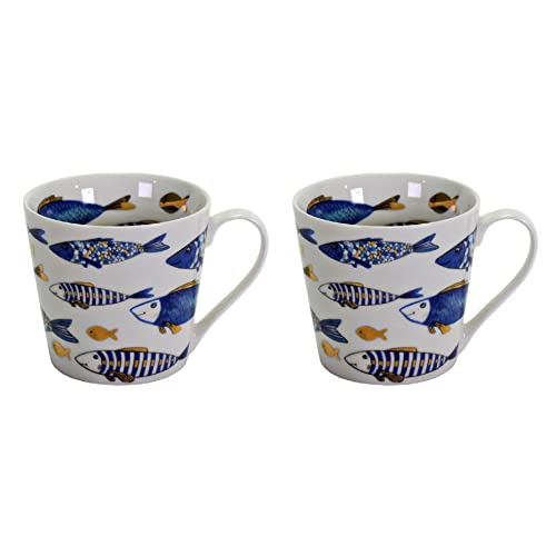 2x Becher Kaffeebecher Tasse Blue Fish Fisch Blau Gold 400ml Geschirr Porzellan Kommunion Konfirmation Taufe