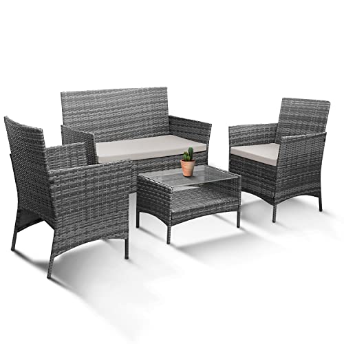 KEPLIN 4-teiliges Rattan Gartenmöbel Set – Outdoor Lounge Sofa, Stühle und Tisch Bistro Set für Rasen, Terrasse und Wintergarten – leicht zu verstauen, stapelbar, ideal um draußen zu Essen (Grau)