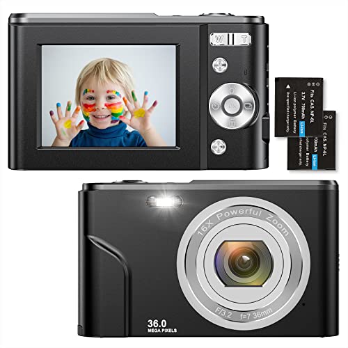 Digitalkamera 1080P HD Kompaktkamera 36 Megapixel Mini-Videokamera 2,4' LCD Digitalkamera wiederaufladbare Fotokamera mit 16X Digitalzoom für Studenten/Erwachsene/Kinder/Anfänger(schwarz)