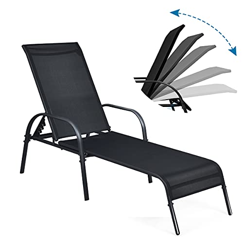 RELAX4LIFE Liegestuhl, Relaxliege mit verstellbare Rückenlehne(5-stufig) & Armlehne, Sonnenliege für Garten & Strand & Terrasse & Balkon, wetterfeste Strandliege Metallrahmen, bis 160 kg belastbar