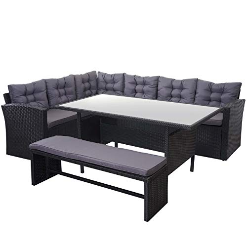 Mendler Poly-Rattan-Garnitur HWC-A29, Gartengarnitur Sitzgruppe Lounge-Esstisch-Set, schwarz - Kissen dunkelgrau, mit Bank