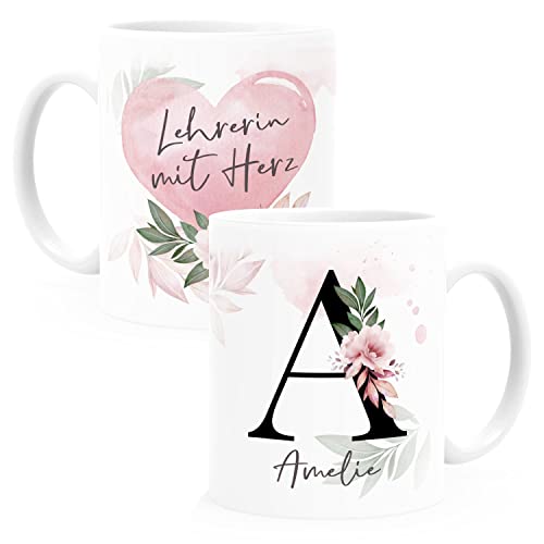 SpecialMe® Kaffee-Tasse mit Name und Spruch mit Herz Initiale Monogramm Dankeschön personalisierte Geschenke Lehrerin weiß Keramik-Tasse