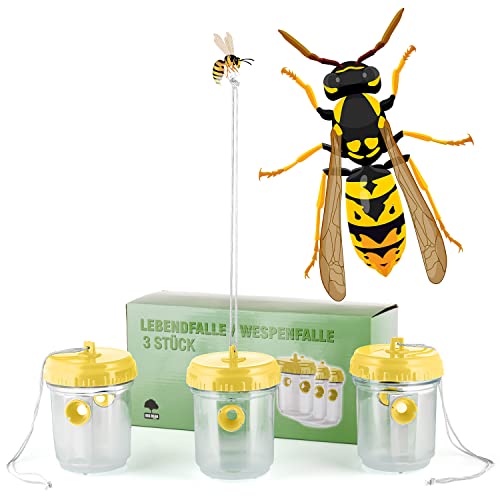 BigDean 3er Set Wespenfallen zum Aufhängen 9x13cm - Lebend Fallen gegen Wespen, Bienen, Hornissen - Gelb - Balkon, Garten, Draußen - Hornissenfalle Bienenfalle Fliegenfalle - für natürlichen Lockstoff