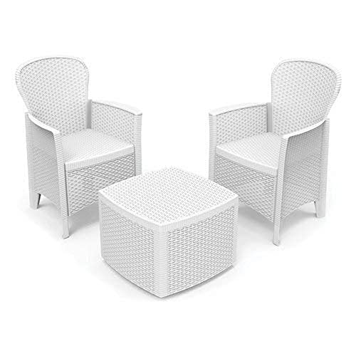 Dmora Gartenset mit Kissen, 2 Sesseln und 1 Outdoor-Container-Tisch, Made in Italy, weiße Farbe