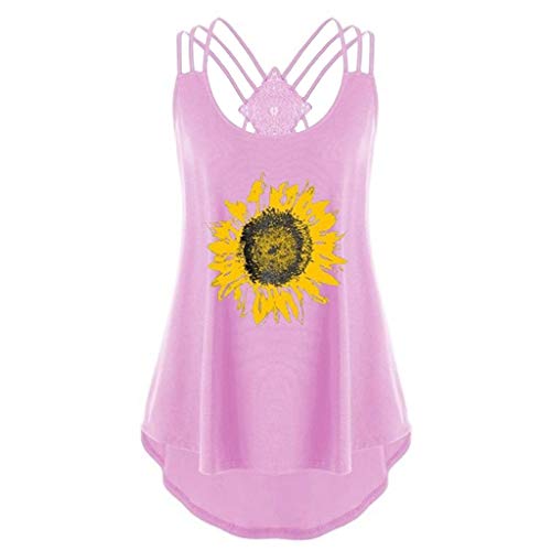 Damen Shirt Sommer Ärmelloses Tank Tops Sonnenblumen Print Bandagen Riemchen Strandweste für Damen