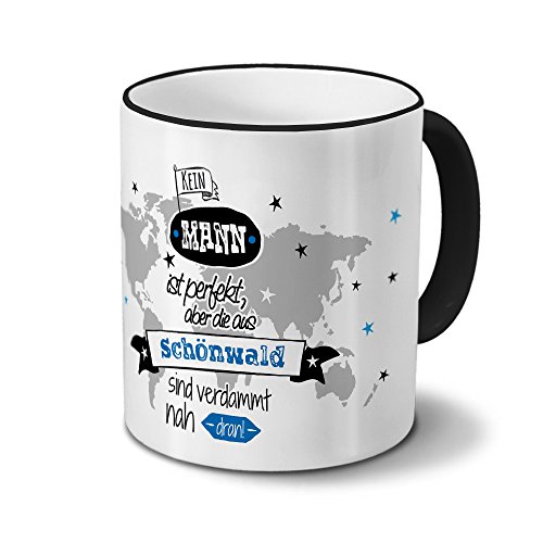 printplanet Tasse mit Namen Schönwald - Motiv Kein Mann ist Perfekt, Aber. - Namenstasse, Kaffeebecher, Mug, Becher, Kaffeetasse - Farbe Schwarz
