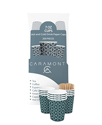 Caramont,200 Pappbecher 7 Oz mit Holz Rührstäbchen,Umweltfreundlich Hitzebeständig,für Kalte ,Heiße Getränke aus,Ideal für Kaffee,Tee,Geburtstag usw.