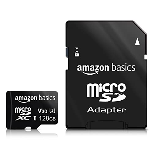Amazon Basics - microSDXC-Speicherkarte, 128 GB, mit großem Adapter, A2, U3, lesegeschwindigkeit von bis zu 100 Mbit/s, Schwarz