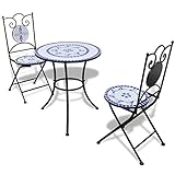 SOULONG Mosaik-Gartenmöbel-Set mit 2 Stühlen, Bistrotisch mit Stühlen für Wohnzimmer, Balkontisch mit Stühlen aus Keramikfliesen, Blau und Weiß