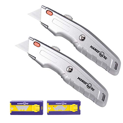 MANUFORE Pack of 2 Portable Carpet Knife Set, Retractable Utility Knife, Durable Cutting Knife, Wallpaper and Cardboard Universal Knife, Includes 10 SK5 Replacement Blades