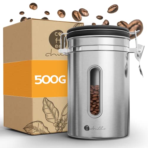 coffeechilla® Edelstahl Kaffeedose Luftdicht für 500g Bohnen inkl. Messlöffel I 100% Kaffee-Geschmack Dank CO2-Ventil für besonders kräftiges Aroma | Kaffeebohnen Behälter Aromadicht