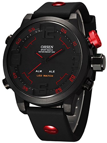 Alienwork DualTime Analog-LED Armbanduhr Herren Damen schwarz Kautschuk-Armband Kalender Chronograph Sportlich