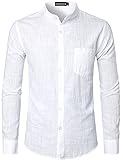PARKLEES Herrenhemd aus Baumwollleinen, langärmelig, Knopfleiste, Grandad-Kragen, mit Tasche, weiß, XXL