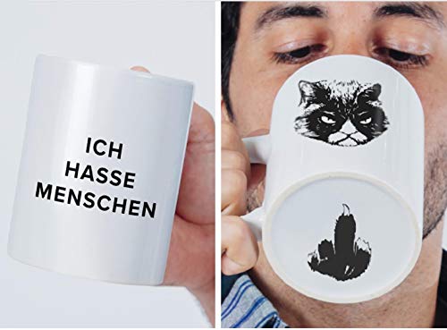 Premium 'Ich hasse Menschen' Tasse mit Katzen-Motiv, bruchsicher verpackt ✔ witzige weiße Kaffee Katzen-Tasse, lustiges Geschenk für Kollegen, Morgenmuffel, Teenager