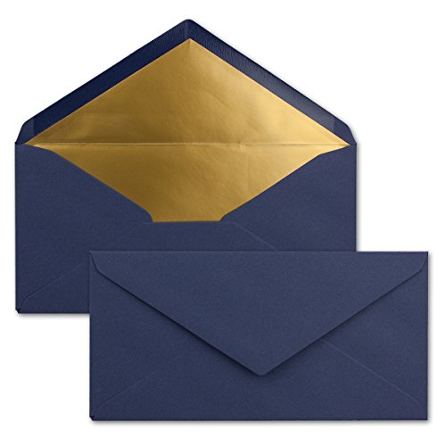 25 Brief-Umschläge DIN Lang - Dunkel-Blau/Nachtblau mit Gold-Metallic Innen-Futter - 110 x 220 mm - Nassklebung - Festliche Kuverts für Weihnachten