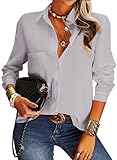 NONSAR Damen Bluse Elegant V-Ausschnitt Hemden Langarm Casual Arbeit Oberteile mit Knöpfen Hemd Lose Langarmshirt Einfarbig Tops (9337XL, Grau)