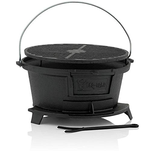 BBQ-Toro Gusseisen Grilltopf mit Grillrost | (B) 43 x (T) 42 x (H) 21,5 cm | Hibachi Style Grill mit Grillrostheber | Holzkohle Campinggrill, Gusseisen Feuertopf, BBQ Grill, Dutch Oven Station