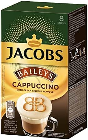 JACOBS Cappuccino 3-in-1-Instant-Kaffee Baileys mit Sahnelikör-Geschmacksstäbchen - 13,5-Gramm-Einzelportionen, frischer Vorrat, Großhandel, – Packung mit 5 Schachteln mit je 8 Sticks
